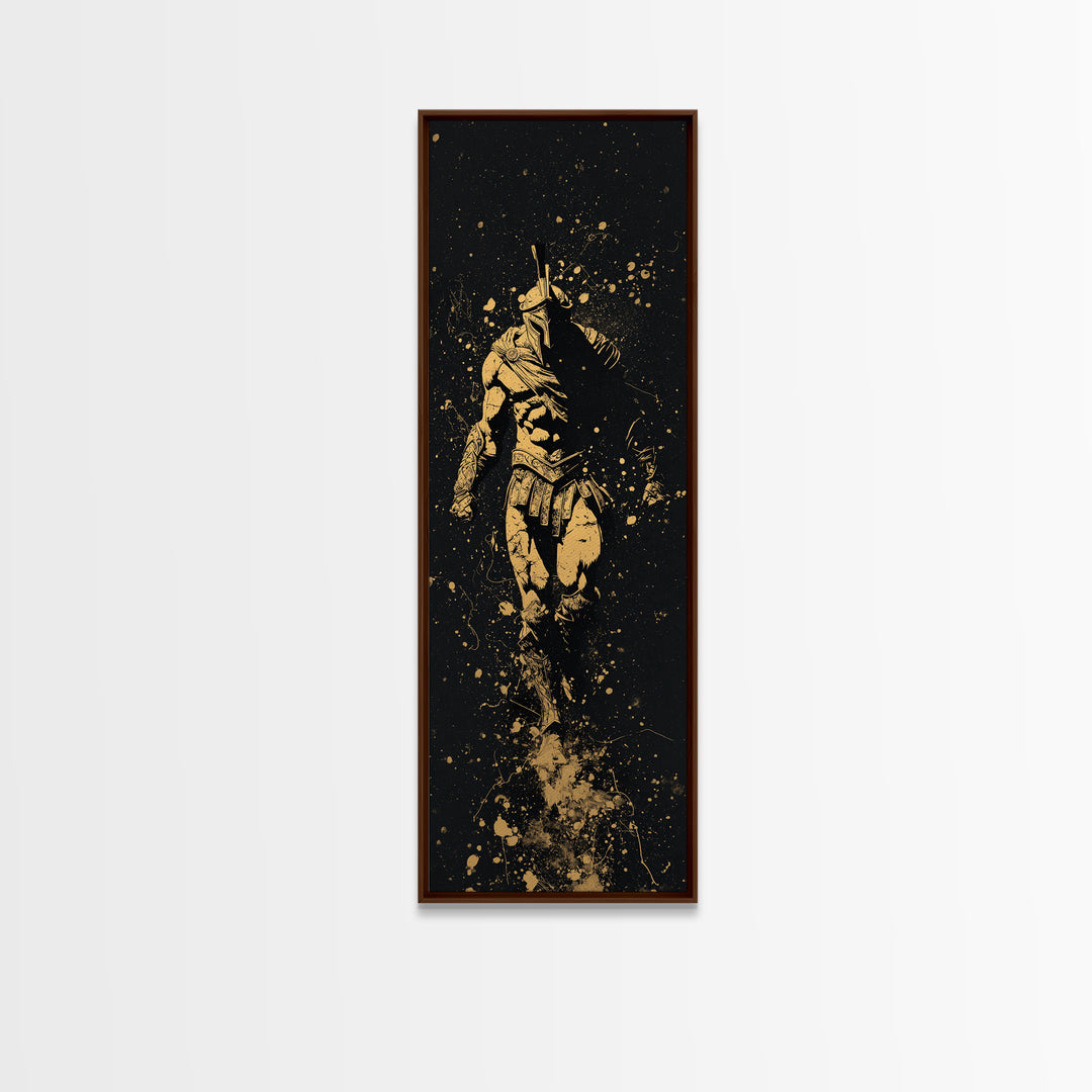 Spartan Marching Forward, Gold Canvas Print, Ancient Warrior Wall Art, Real Wood Frame Decor, Classical Greek Soldier Artwork