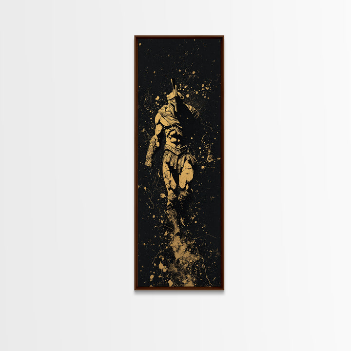 Spartan Marching Forward, Gold Canvas Print, Ancient Warrior Wall Art, Real Wood Frame Decor, Classical Greek Soldier Artwork