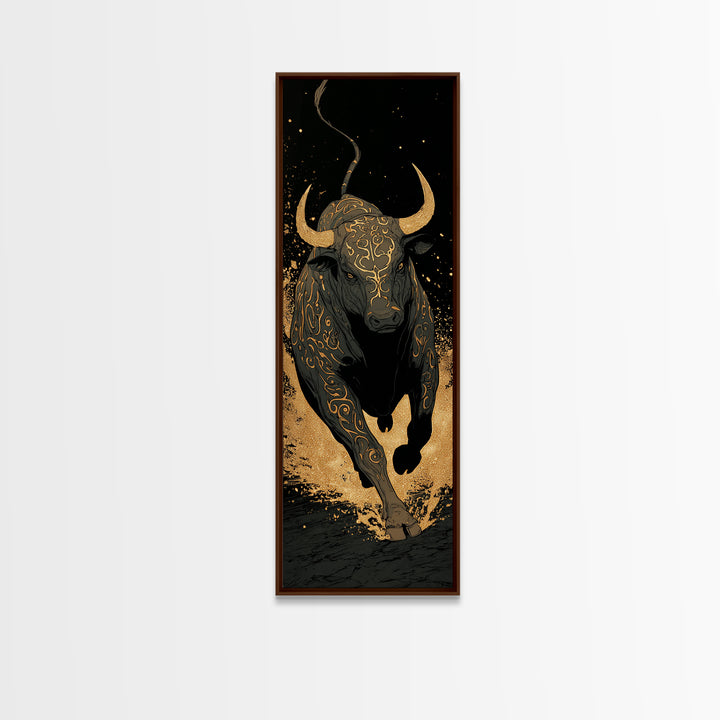 Charging Bull - Gold Canvas Wall Art - Wood Framed Canvas Art, Taurus Wall Art, Golden Runic Bull Painting Print, Canvas Art