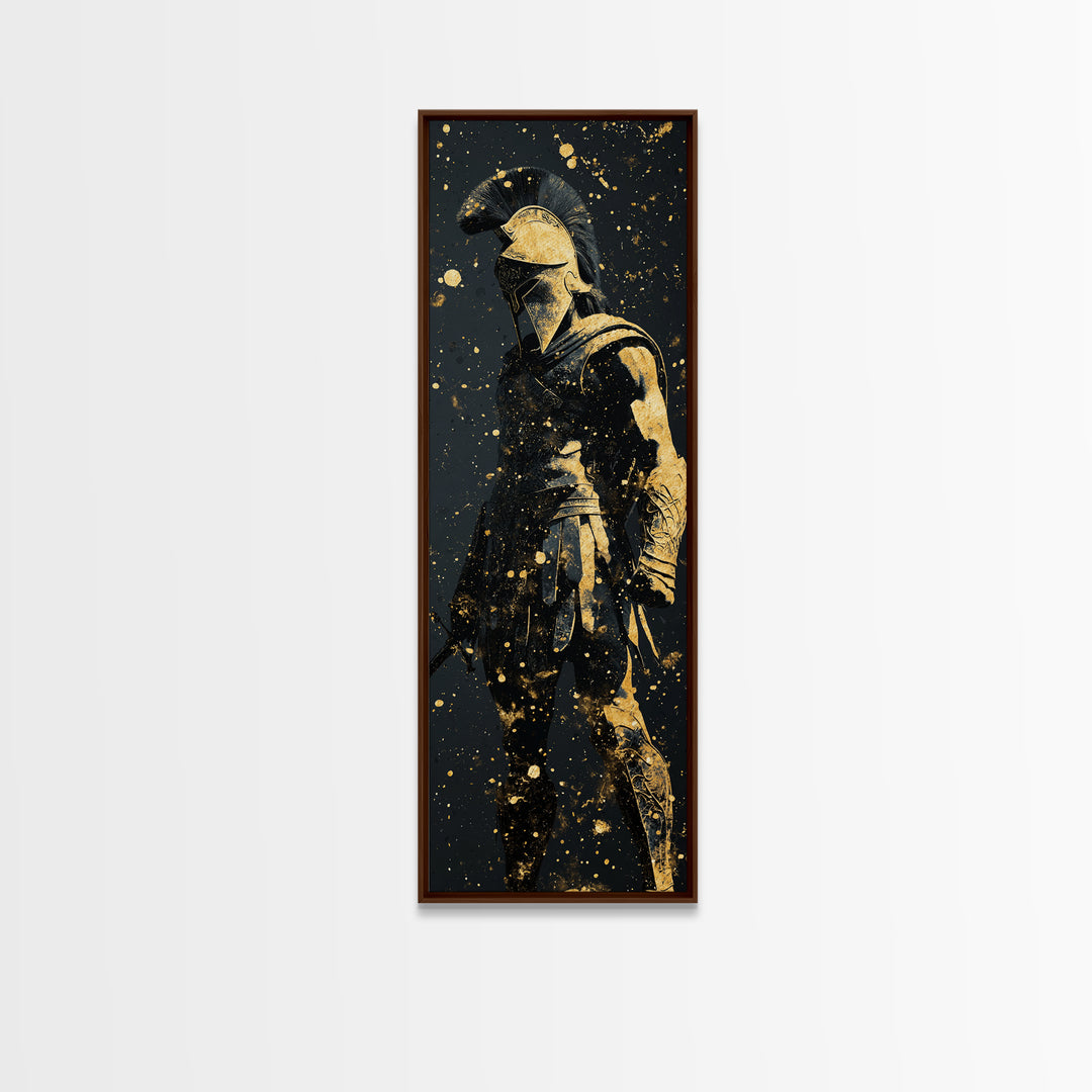Greek Hoplite Gold Canvas Art, Ancient Spartan Warrior Print, Real Wood Frame, Mythology Inspired Wall Decor For Living Room