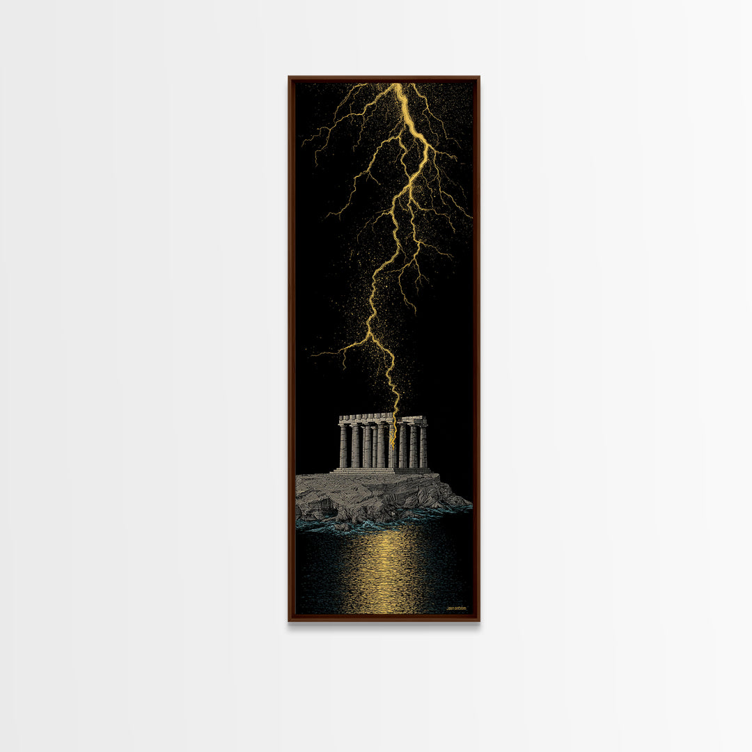 Gold Canvas Art, Zeus Lightning Temple Print, Ancient Greece Mythology Wall Decor, Real Wood Frame