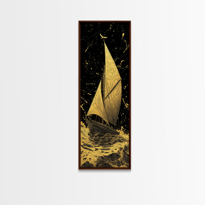 Golden Sailboat Nautical Wall Art, Gold Painting Print, Wood Framed Wall Art, Sail Boat Painting Print, Gold Painting