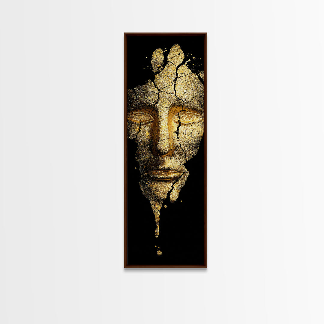 Gold Canvas Print, Cracked Golden Mask Wall Art, Mythical Face Artwork, Real Wood Frame Decor