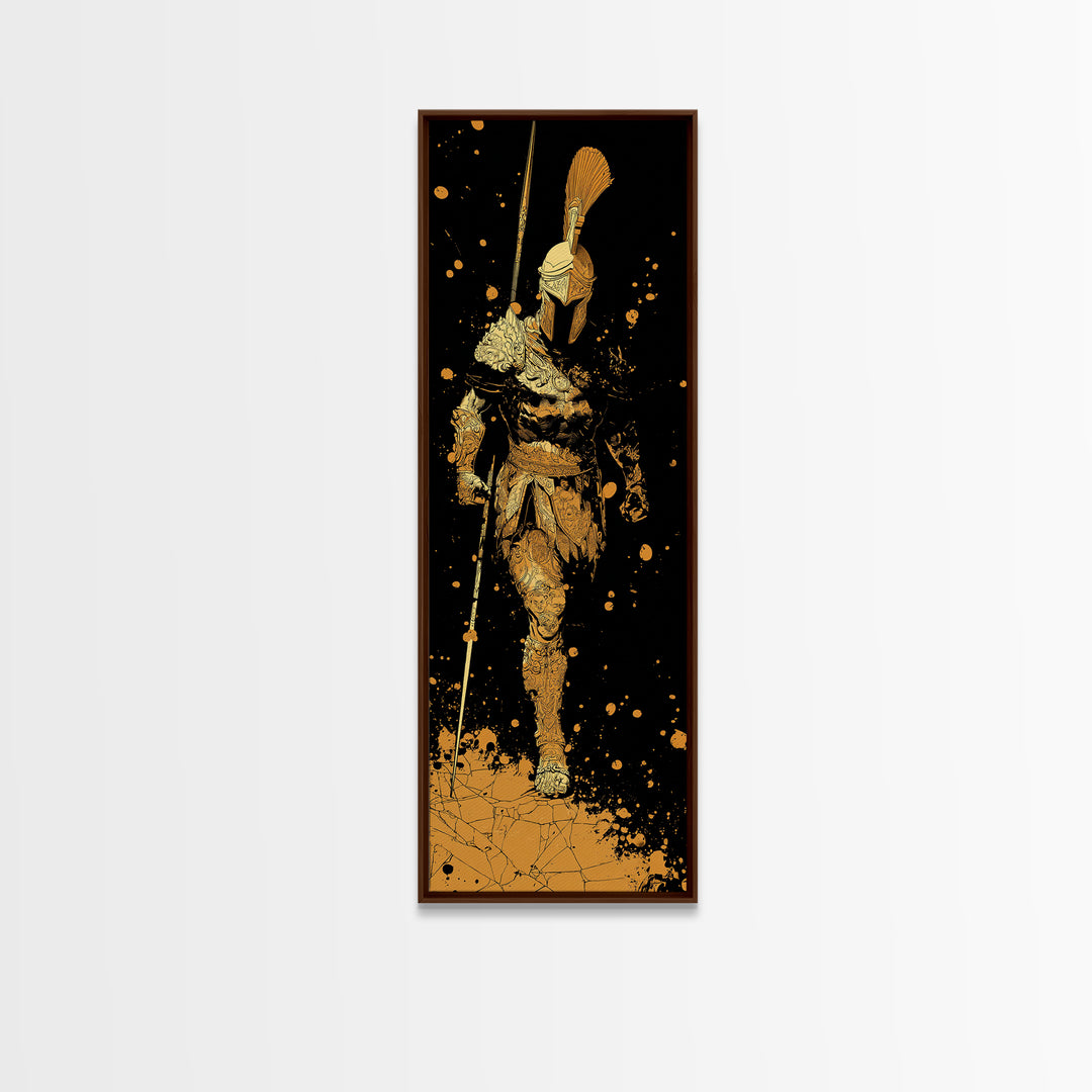 Gold Canvas Art, Greek Warrior Spear Print, Spartan Armor Wall Decor, Real Wood Frame Home Artwork