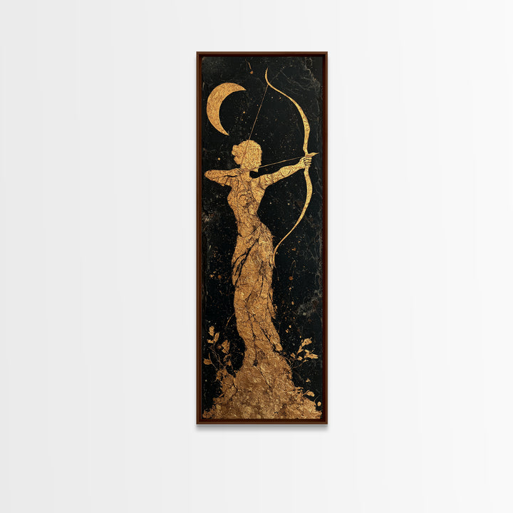 Gold Canvas Art, Artemis Moon Goddess Print, Bow And Arrow Wall Decor, Real Wood Frame Greek Artwork