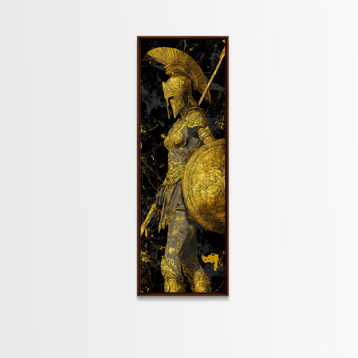 Gold Canvas Art, Athena Warrior Goddess Print, Shield And Sword Wall Decor, Real Wood Frame Decor