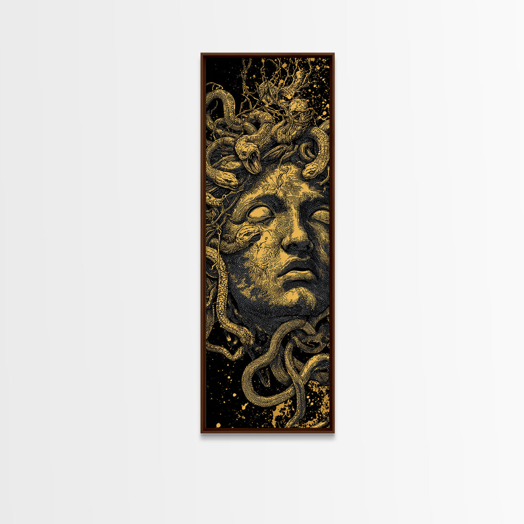 Medusa Gold Canvas Art, Greek Mythology Wall Print, Serpent Goddess Decor, Real Wood Framed Gold Mythical Artwork