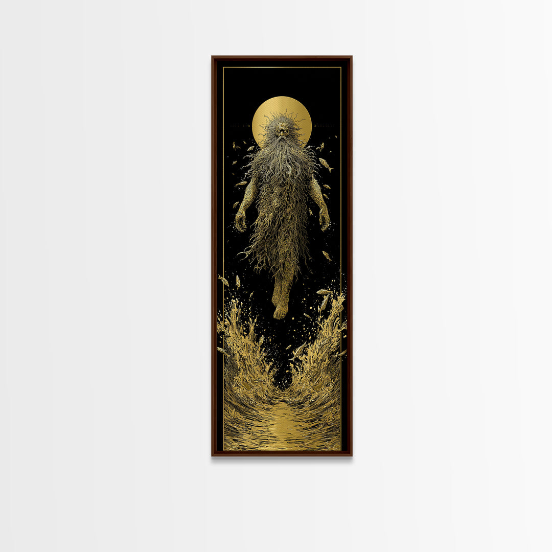 Oceanus Greek Titan Gold Canvas Art, Sea God Wall Print, Mythical Water Deity Decor, Real Wood Framed Gold Artwork