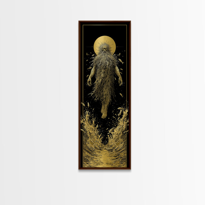 Oceanus Greek Titan Gold Canvas Art, Sea God Wall Print, Mythical Water Deity Decor, Real Wood Framed Gold Artwork