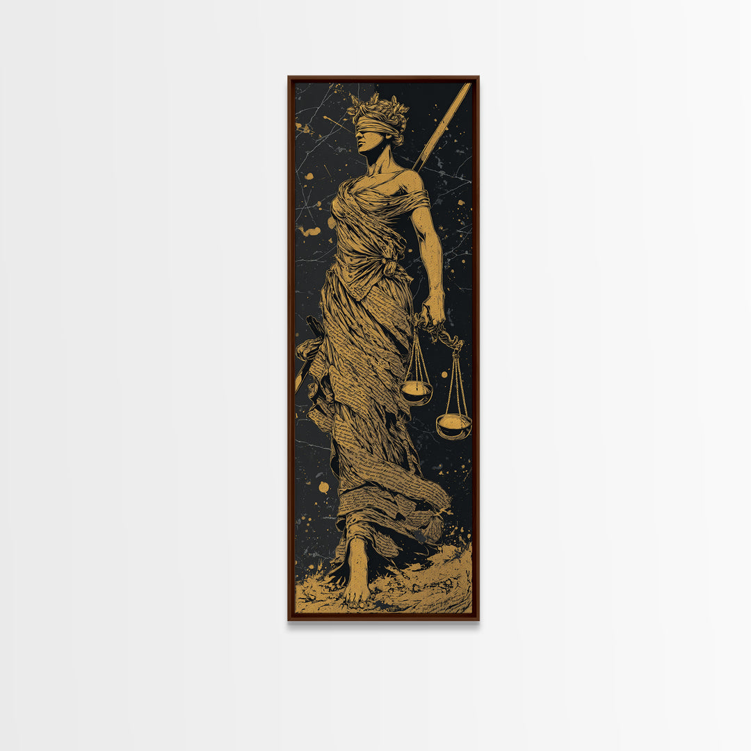 Themis Goddess Of Justice Gold Canvas Print, Blindfolded Lady Justice Wall Art, Scales Of Balance Decor, Real Wood Frame