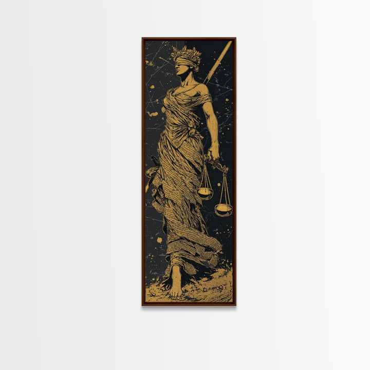 Themis Goddess Of Justice Gold Canvas Print, Blindfolded Lady Justice Wall Art, Scales Of Balance Decor, Real Wood Frame