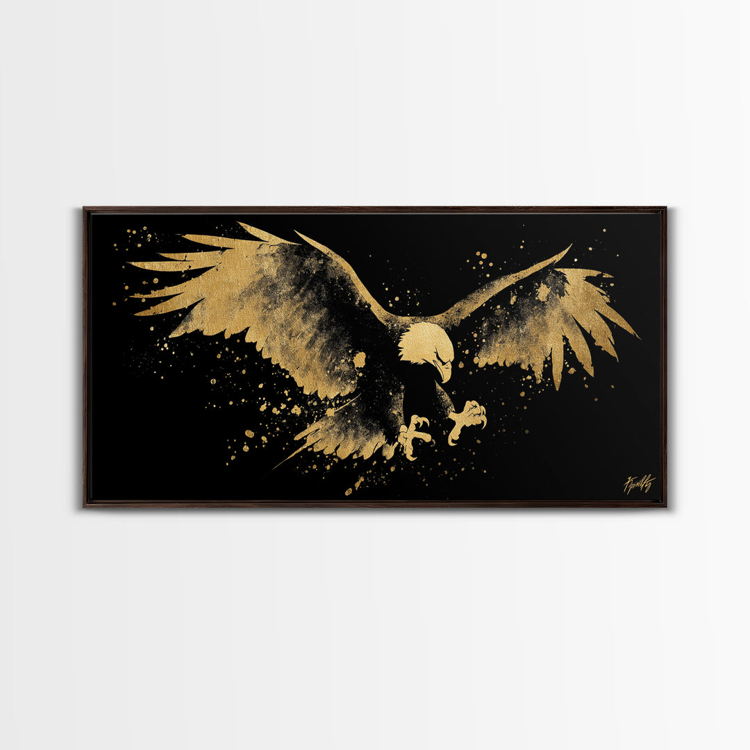 Eagle With Outstretched Wings, Gold Canvas Print, Real Wood Frame, Splatter Art, Majestic Bird Wall Decor