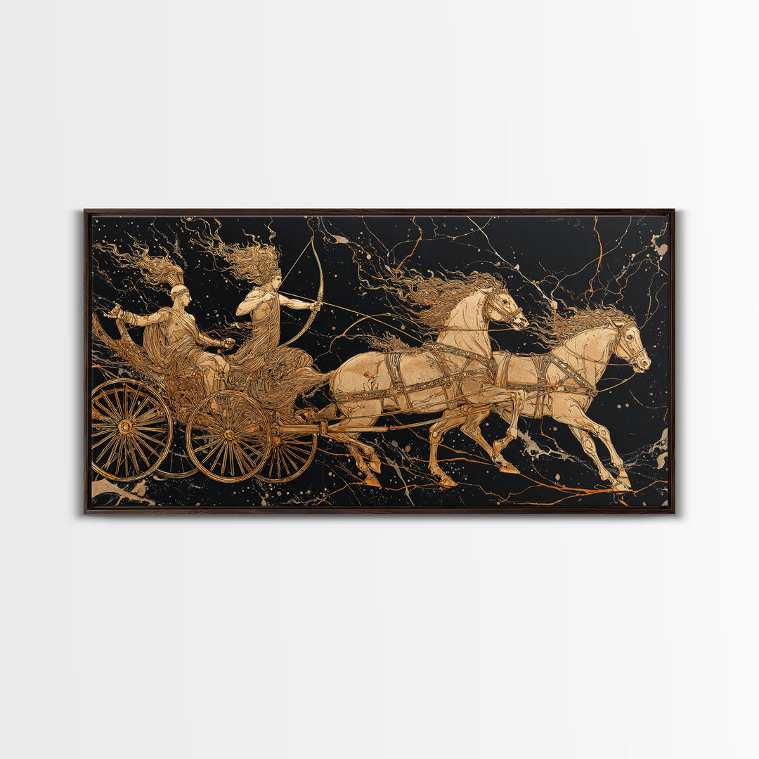 Greek Chariot Scene, Gold Canvas Art, Real Wood Frame, Mythology Inspired Wall Decor, Warriors And Horses Print