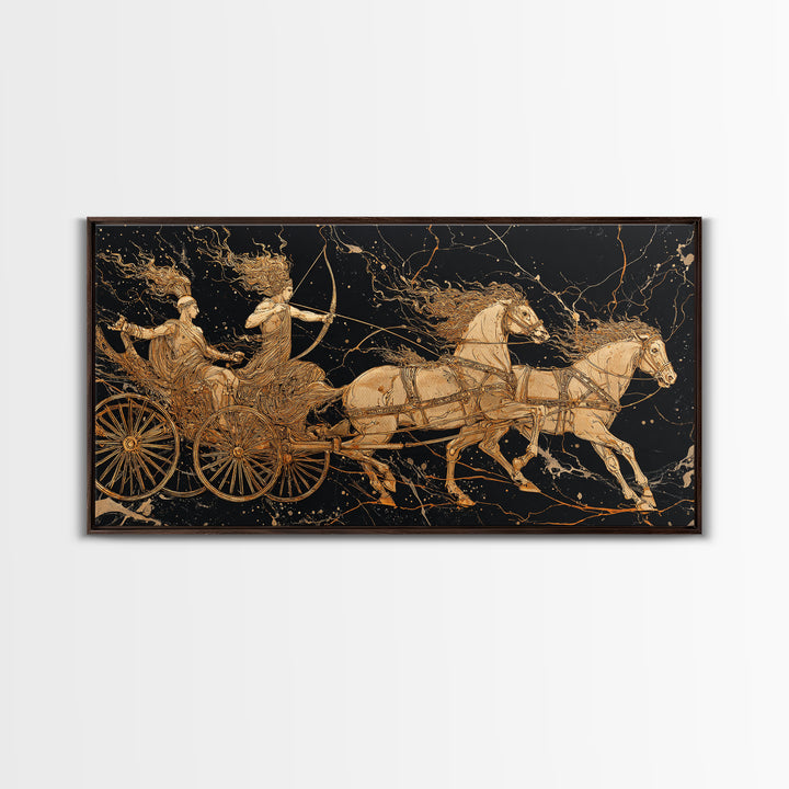 Greek Chariot Scene, Gold Canvas Art, Real Wood Frame, Mythology Inspired Wall Decor, Warriors And Horses Print