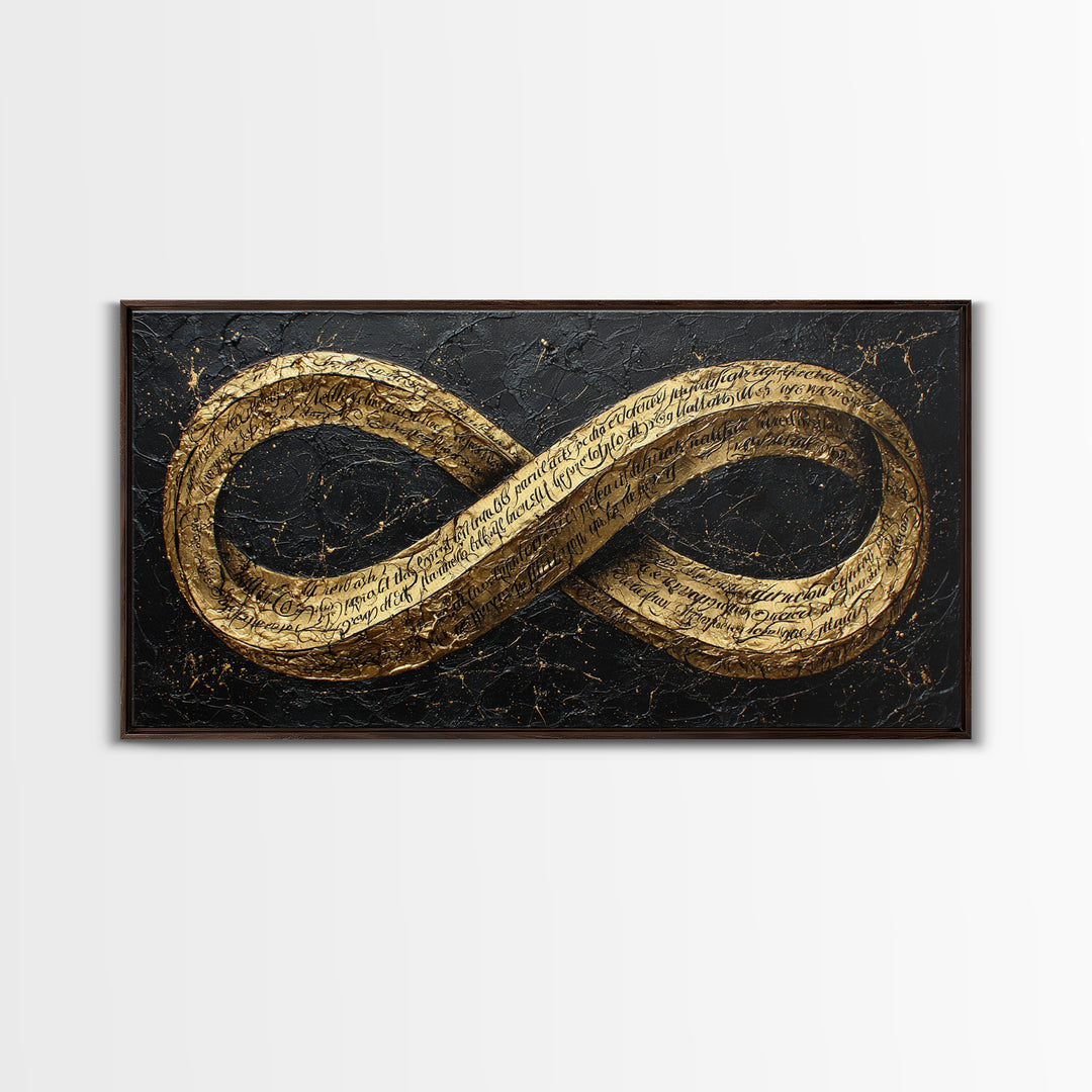 Infinity Symbol With Script, Gold Canvas Art, Real Wood Frame, Elegant Wall Decor, Modern Abstract Artwork