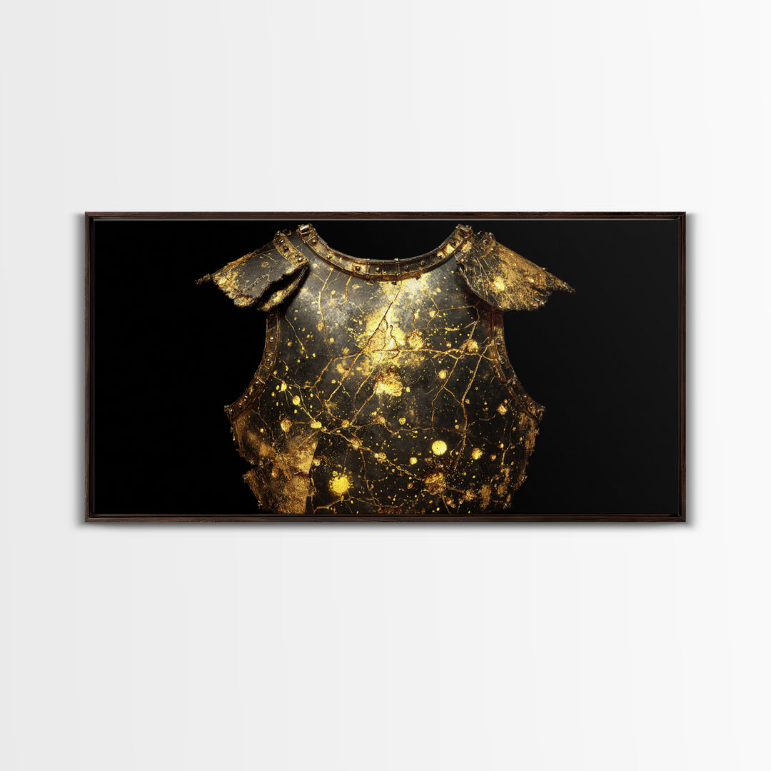 Golden Armor Breastplate, Gold Canvas Print, Real Wood Frame, Medieval Warrior Decor, Historical Art Print