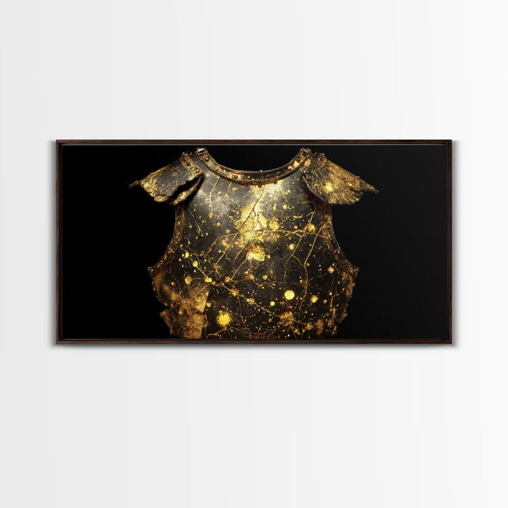 Golden Armor Breastplate, Gold Canvas Print, Real Wood Frame, Medieval Warrior Decor, Historical Art Print