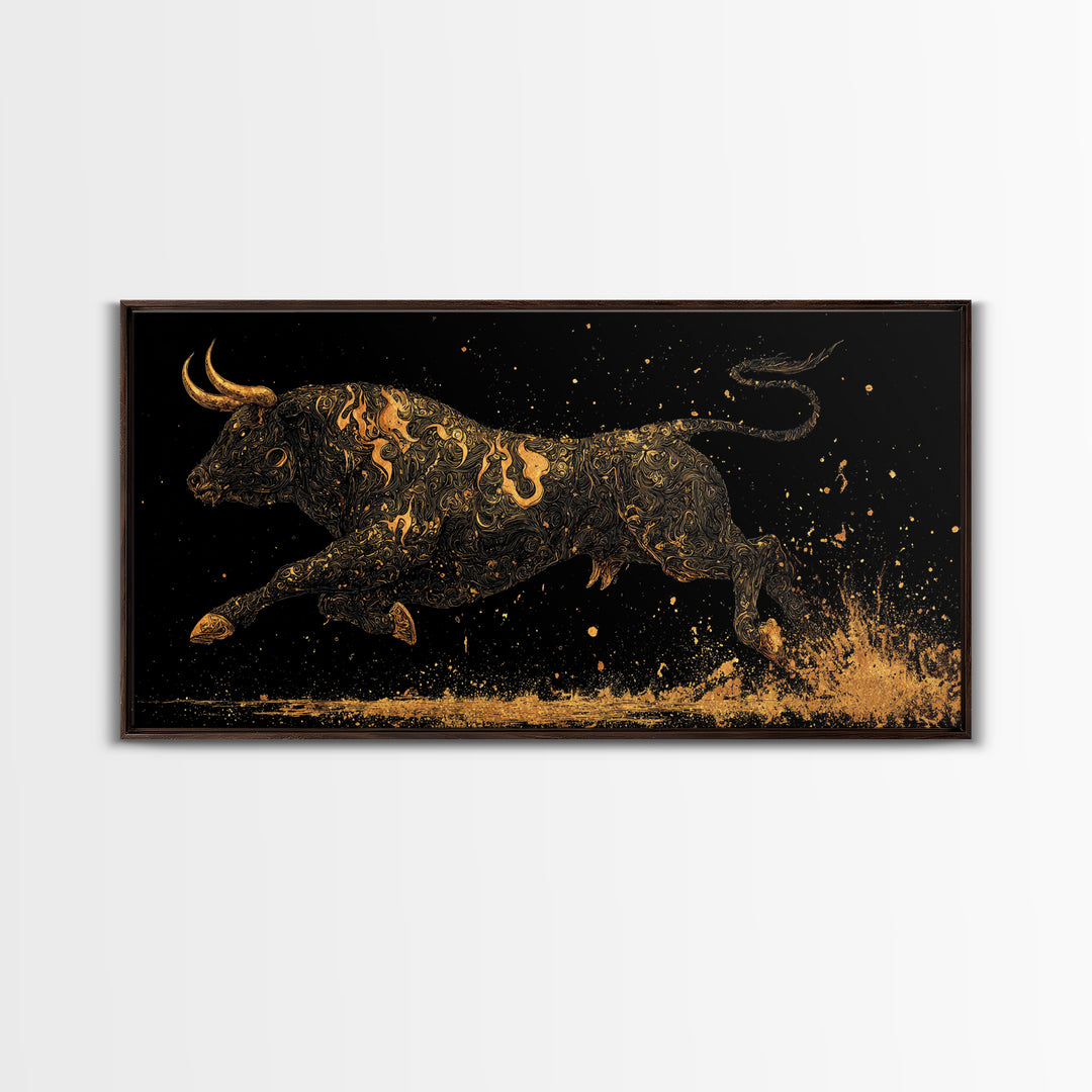 Golden Bull In Motion, Gold Canvas Art, Real Wood Frame, Dynamic Animal Wall Decor, Mythology Inspired Artwork
