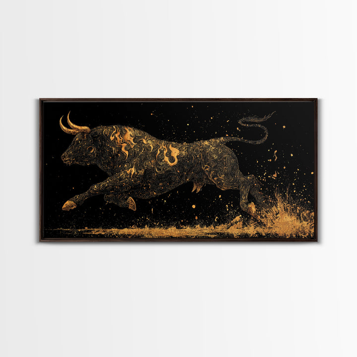 Golden Bull In Motion, Gold Canvas Art, Real Wood Frame, Dynamic Animal Wall Decor, Mythology Inspired Artwork