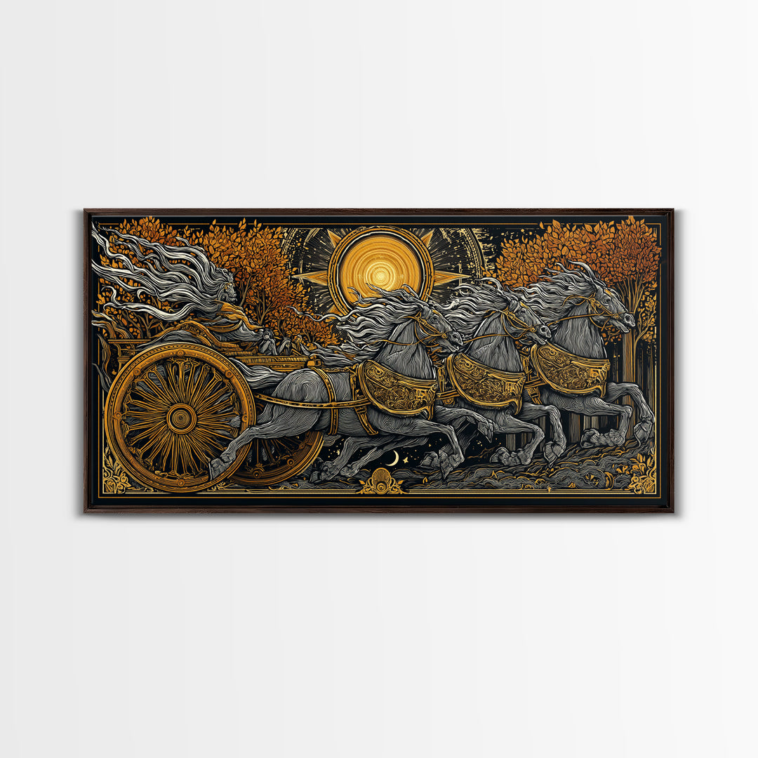 Chariot Of The Dawn, Gold Canvas Art, Real Wood Frame, Mythology Inspired Wall Decor, Horse And Rider Artwork