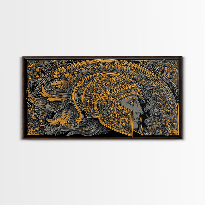 Ornate Greek Warrior Helmet, Gold Canvas Print, Real Wood Frame, Classical Armor Wall Art, Historical Decor