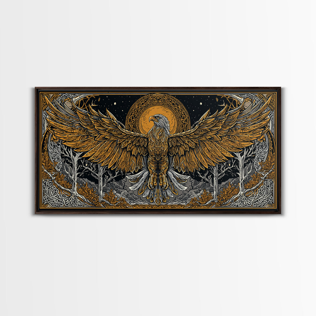 Golden Eagle Over Moonlit Forest, Gold Canvas Art, Real Wood Frame, Intricate Line Art, Majestic Bird Wall Decor