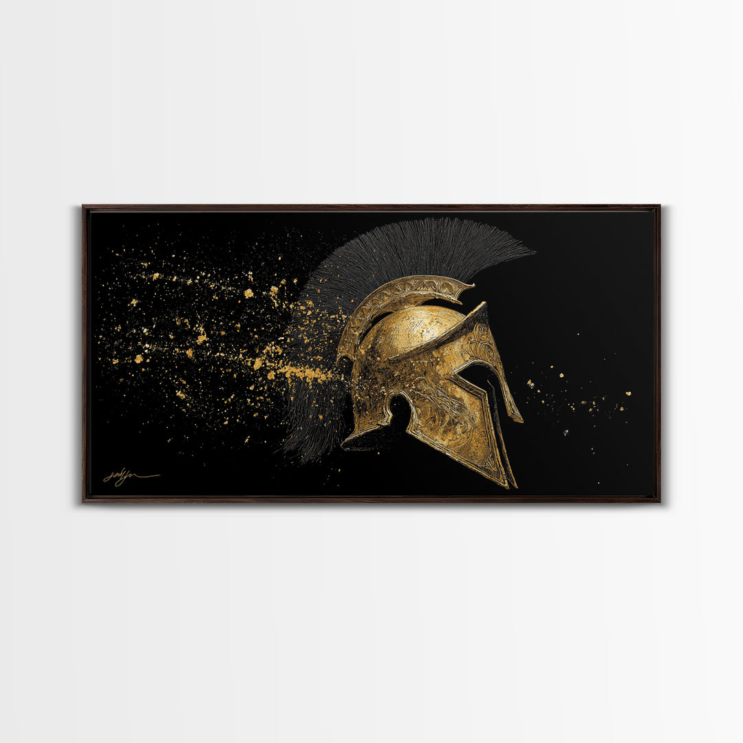 Golden Spartan Helmet, Gold Canvas Art, Real Wood Frame, Splatter Style Warrior Armor, Mythology Inspired Artwork