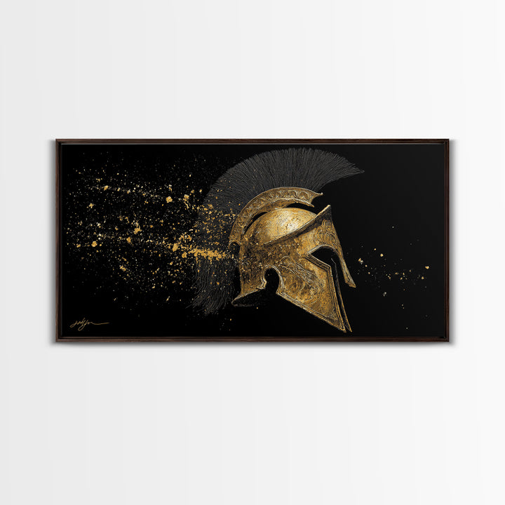 Golden Spartan Helmet, Gold Canvas Art, Real Wood Frame, Splatter Style Warrior Armor, Mythology Inspired Artwork