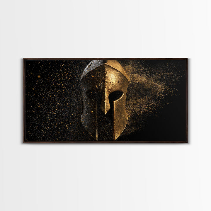 Half Gold Spartan Helmet, Gold Canvas Print, Real Wood Frame, Splatter Style Warrior Armor, Ancient Battle Artwork