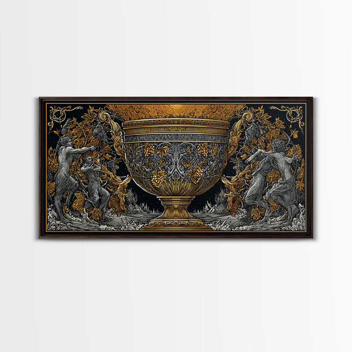 Golden Ornate Chalice, Gold Canvas Art, Real Wood Frame, Mythology Inspired Wall Decor, Classical Celebration Scene