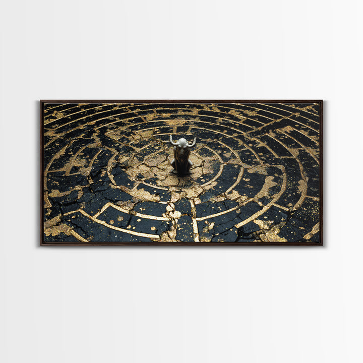 Minotaur In Labyrinth, Gold Canvas Print, Real Wood Frame, Mythology Inspired Wall Art, Ancient Maze Artwork