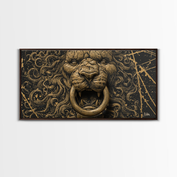 Golden Lion Door Knocker Close Up, Gold Canvas Art, Real Wood Frame, Splatter Style Animal Decor, Regal Lion Artwork
