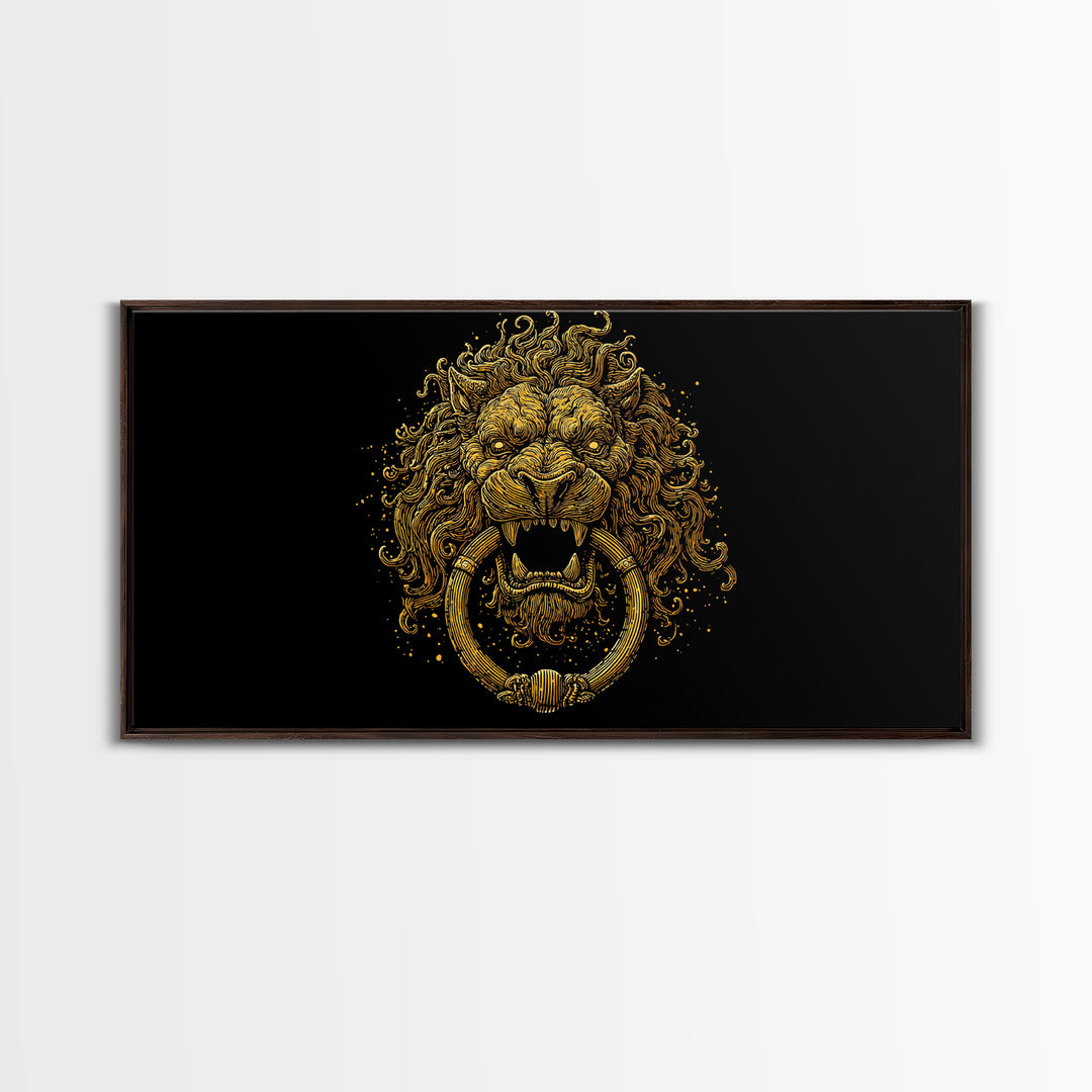 Golden Lion Door Knocker, Gold Canvas Print, Real Wood Frame, Majestic Animal Wall Art, Regal Gold Illustration