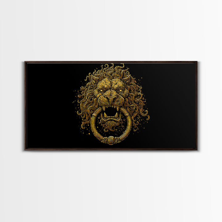 Golden Lion Door Knocker, Gold Canvas Print, Real Wood Frame, Majestic Animal Wall Art, Regal Gold Illustration