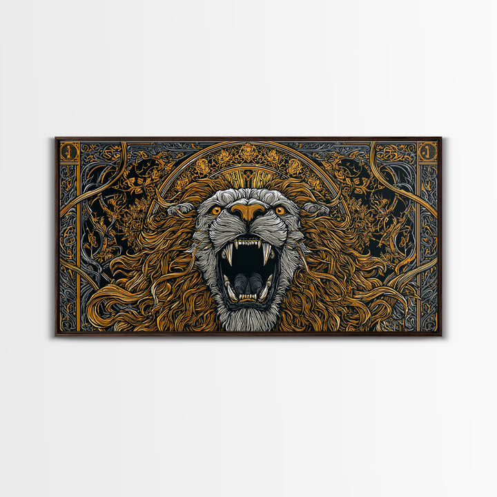 Roaring Golden Lion, Gold Canvas Art, Real Wood Frame, Mythology Inspired Animal Decor, Powerful Lion Wall Artwork