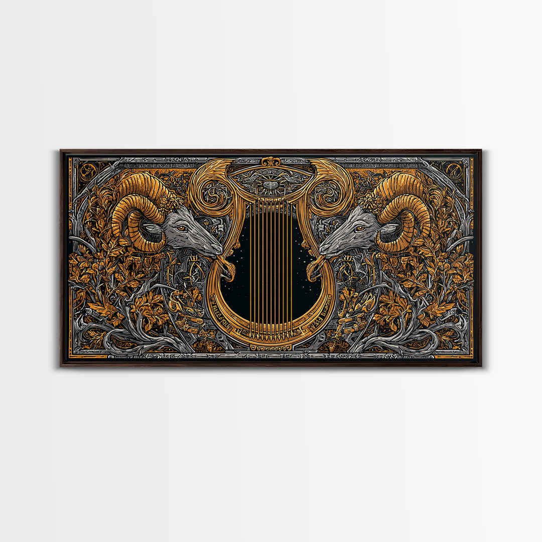 Ornate Ram Lyre, Gold Canvas Print, Real Wood Frame, Mythology Inspired Musical Art, Classical Decorative Artwork