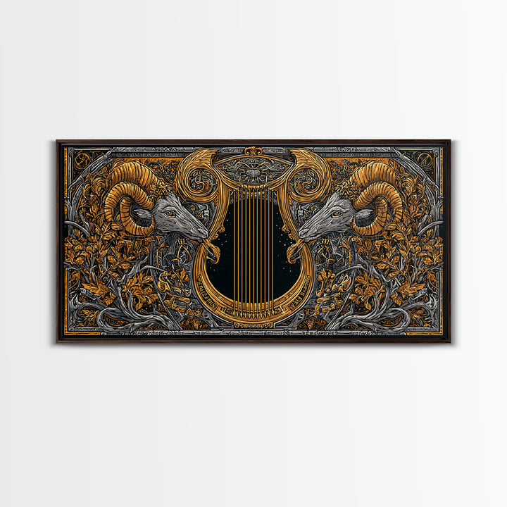 Ornate Ram Lyre, Gold Canvas Print, Real Wood Frame, Mythology Inspired Musical Art, Classical Decorative Artwork