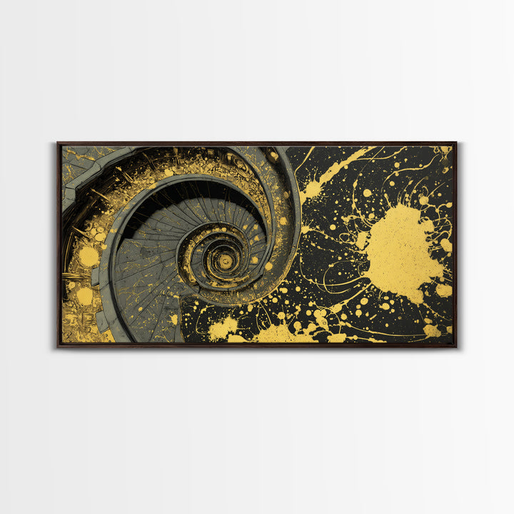 Golden Spiral Staircase, Gold Canvas Art, Real Wood Frame, Splatter Style Abstract Design, Modern Wall Decor