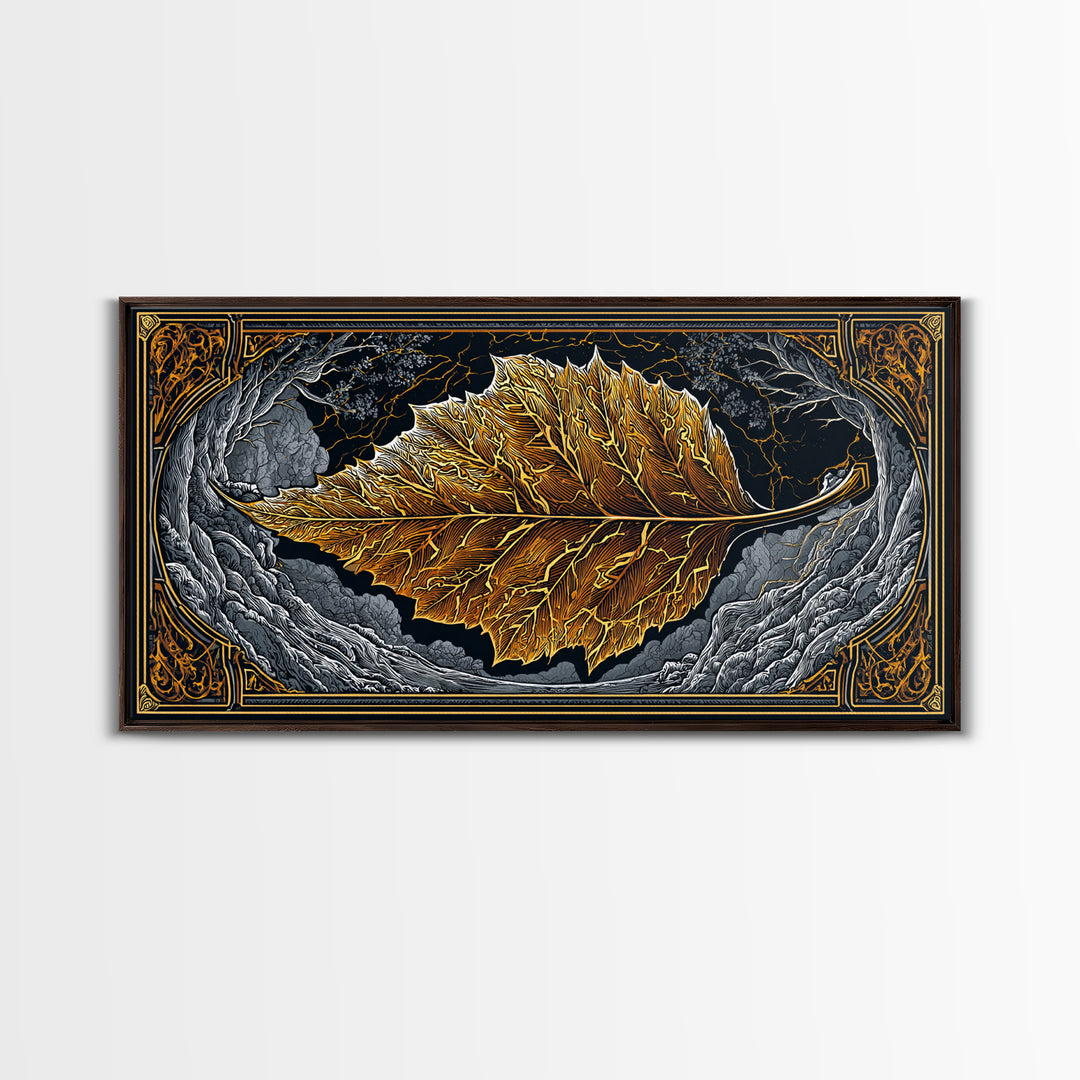 Golden Leaf In Ornate Frame, Gold Canvas Print, Real Wood Frame, Botanical Wall Art, Nature Inspired Decor