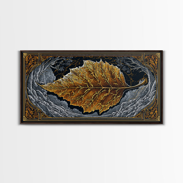 Golden Leaf In Ornate Frame, Gold Canvas Print, Real Wood Frame, Botanical Wall Art, Nature Inspired Decor