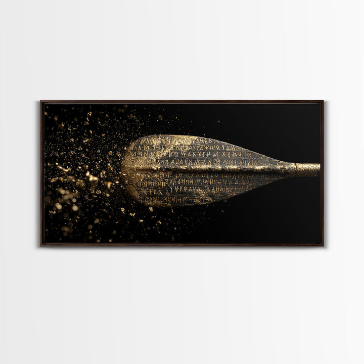 Ancient Golden Spear Tip, Gold Canvas Art, Real Wood Frame, Splatter Style Weapon Artwork, Mythology Inspired Decor