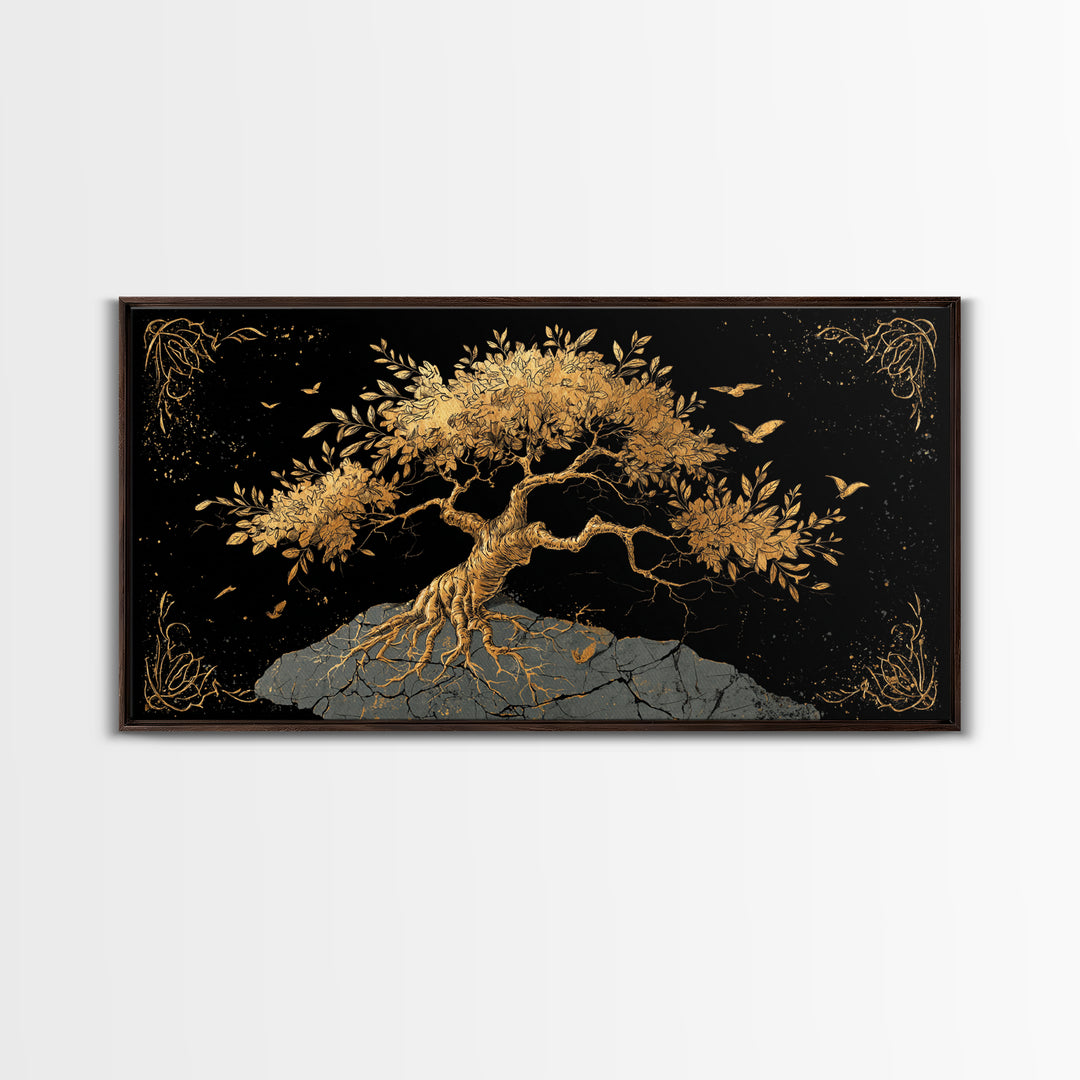 Gold Tree of Life Artwork, Intricate Roots and Leaves, Wood Framed Map Wall Art for Home or Office Décor