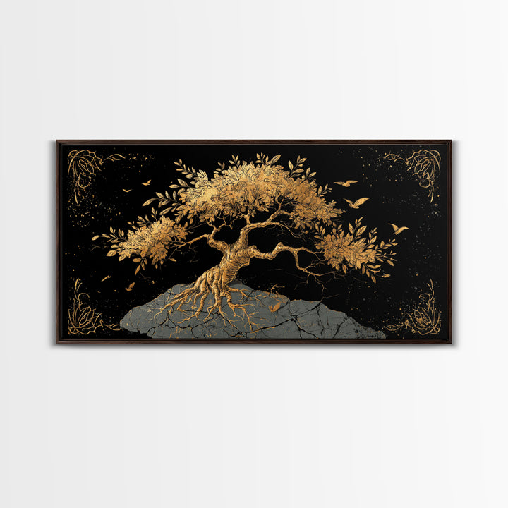 Gold Tree of Life Artwork, Intricate Roots and Leaves, Wood Framed Map Wall Art for Home or Office Décor
