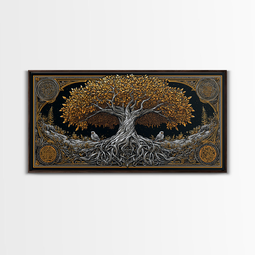Gold Ancient Tree Design with Owls, Ornate Border, Wood Framed Map Wall Art for Classic and Nature-Inspired Spaces