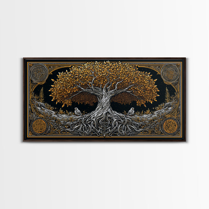 Gold Ancient Tree Design with Owls, Ornate Border, Wood Framed Map Wall Art for Classic and Nature-Inspired Spaces
