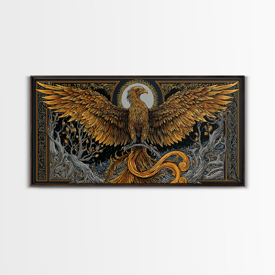 Gold Phoenix Rising Illustration, Majestic Wings, Wood Framed Map Wall Décor for Myth and Fantasy Art Lovers