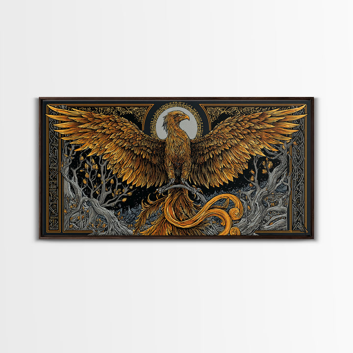 Gold Phoenix Rising Illustration, Majestic Wings, Wood Framed Map Wall Décor for Myth and Fantasy Art Lovers