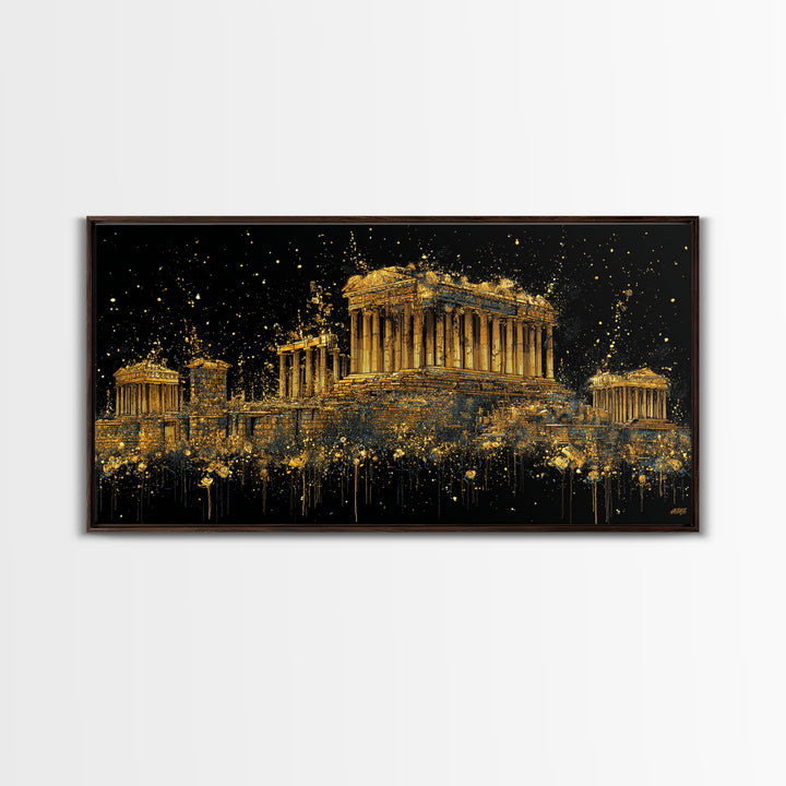 Gold Parthenon Greece Architecture Print, Splatter Art Style, Wood Framed Map Wall Art for Travel and History Fans