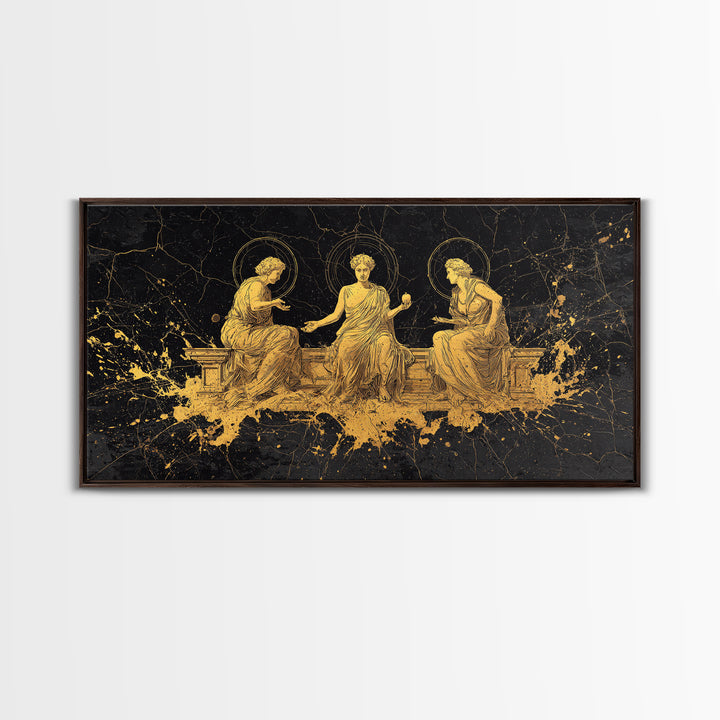 Gold Greek Goddesses Seated in Elegant Marble Scene, Wood Framed Map Wall Décor for Classical Art and Mythology Lovers