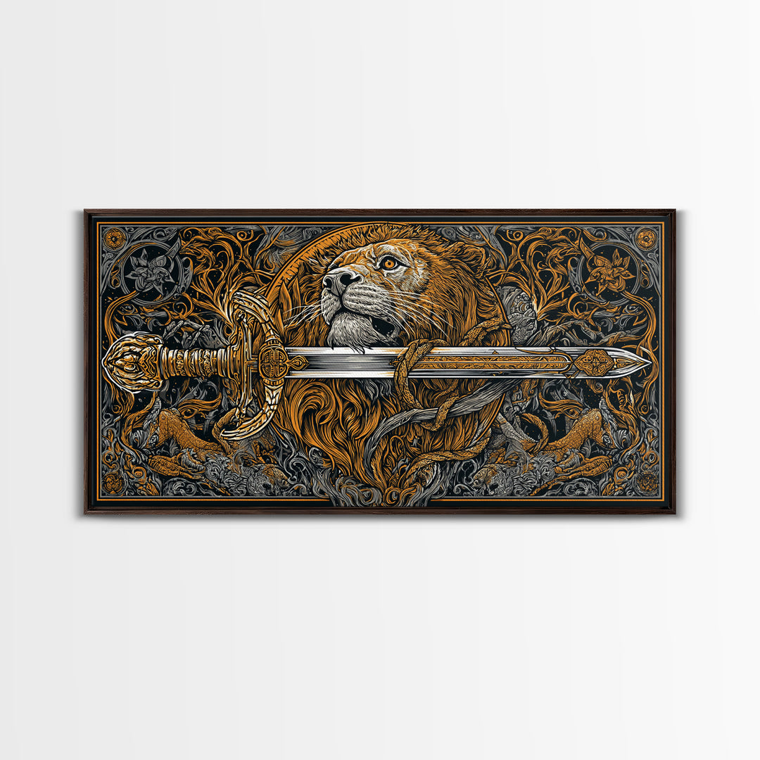 Gold Lion with Ornate Sword, Surrounded by Floral Designs, Wood Framed Map Wall Art for Strength and Courage Symbolism